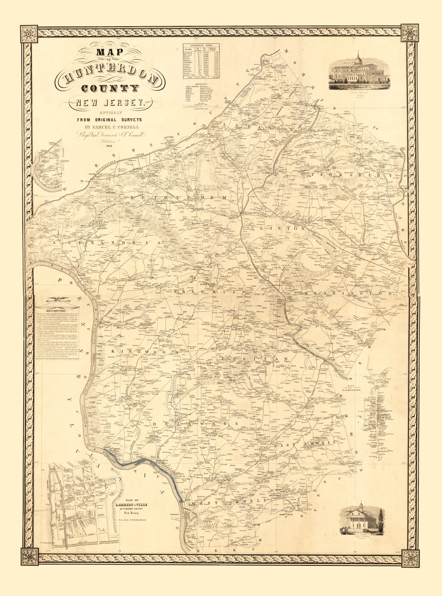 Vintage Map of Hunterdon County, New Jersey 1851