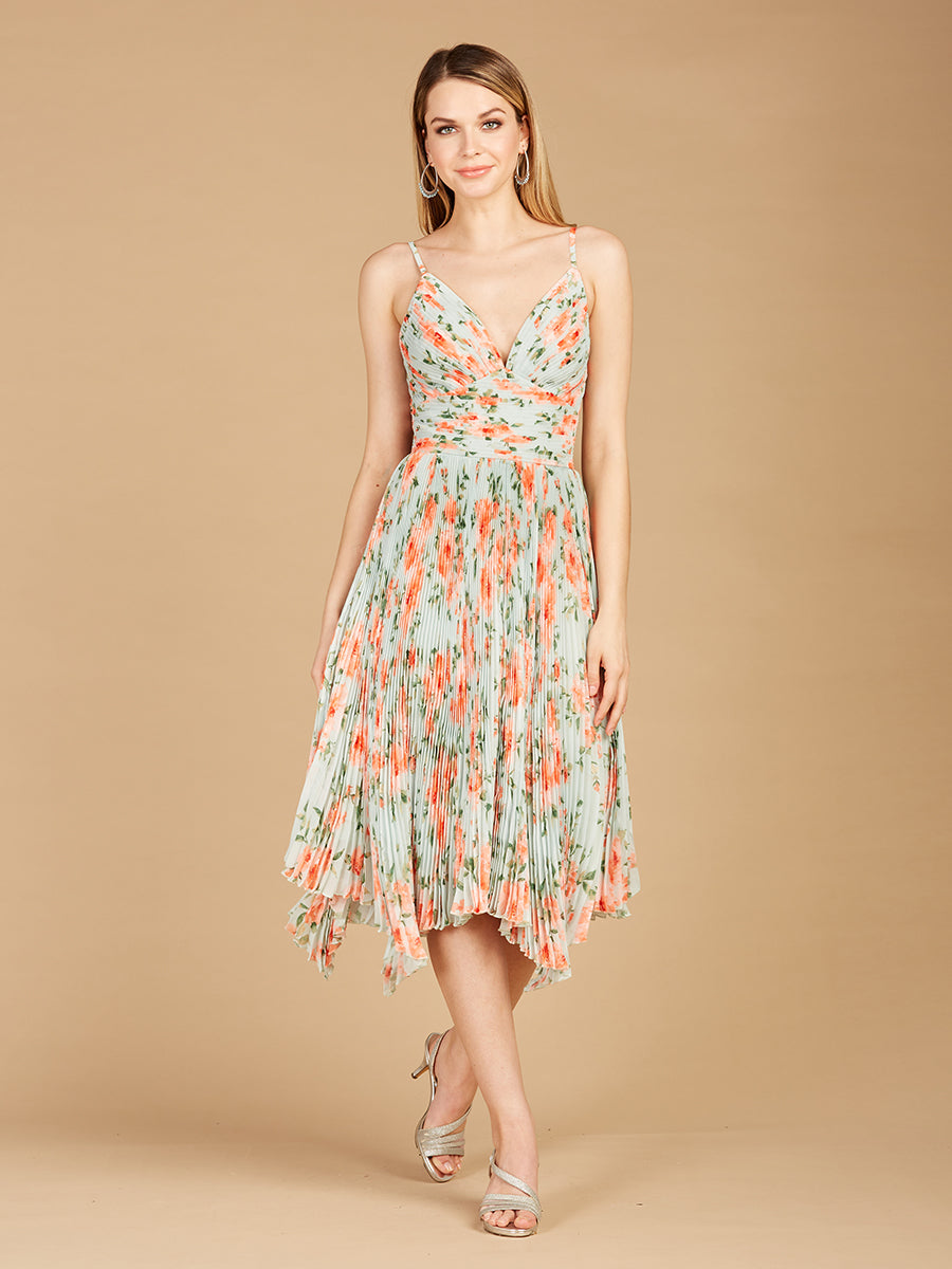 V-Neck Printed Midi Length Dress with Pleats