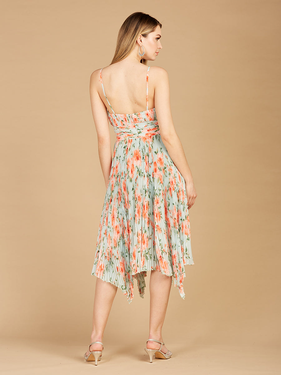 V-Neck Printed Midi Length Dress with Pleats
