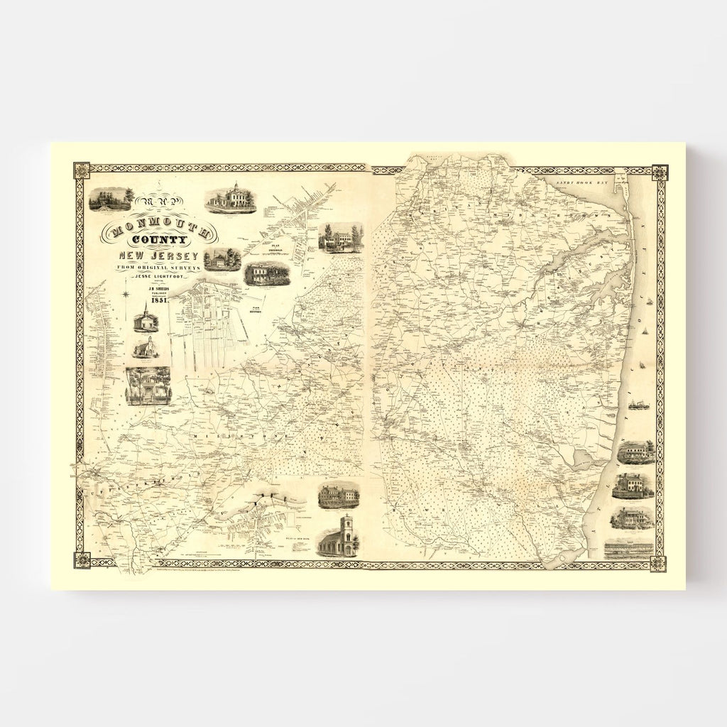Vintage Map of Monmouth County, New Jersey 1851