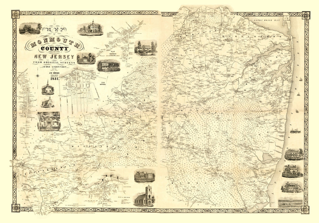 Vintage Map of Monmouth County, New Jersey 1851