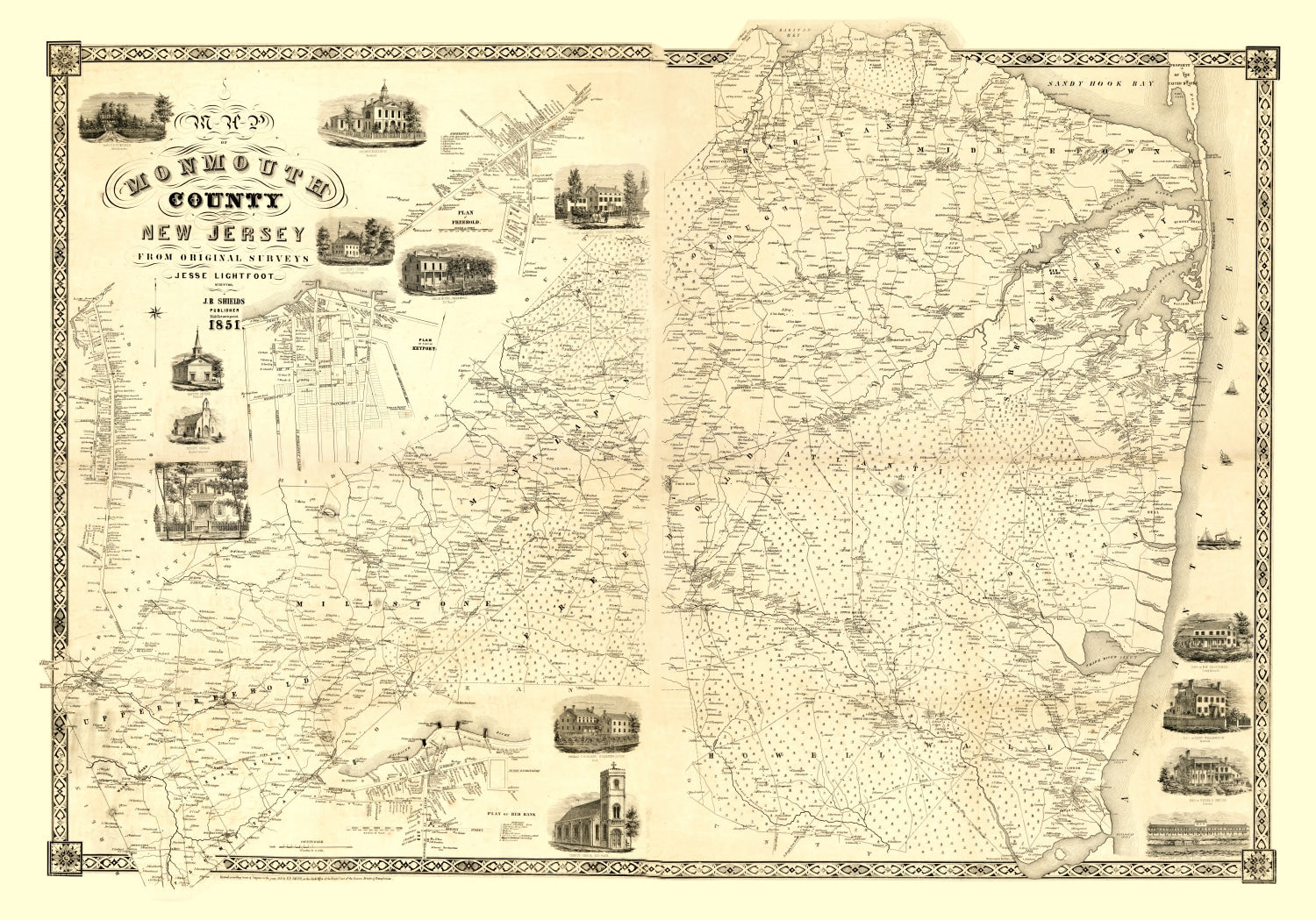 Vintage Map of Monmouth County, New Jersey 1851