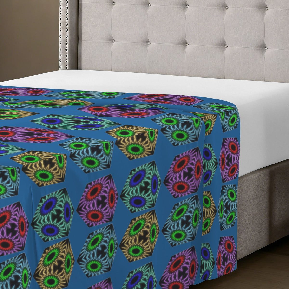 Colorful Cubes Blue Flat Twin Size Bed Sheet | Ships from USA