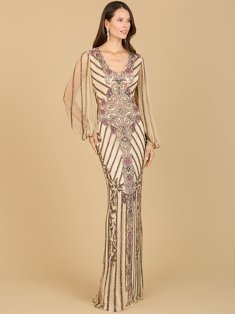 Long Flutter Sleeves Beaded Dress