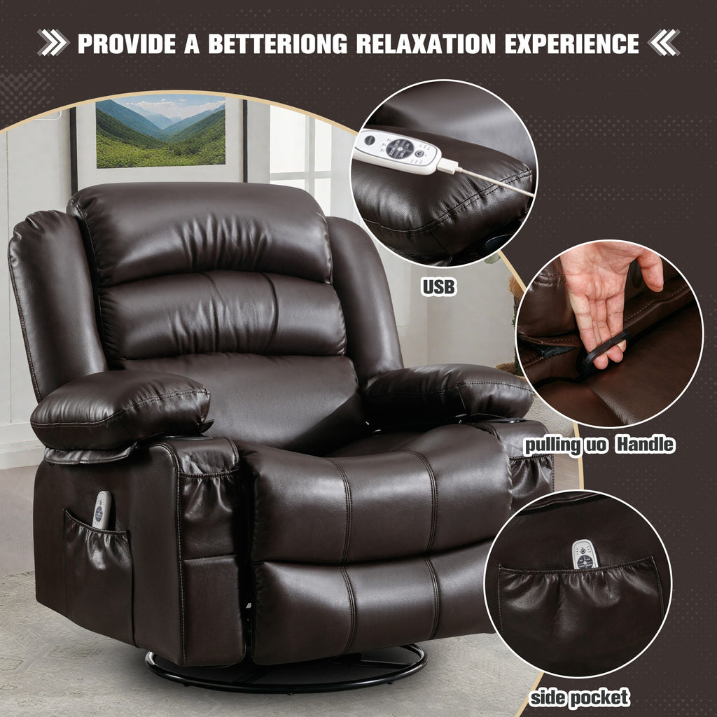 Massage Swivel Rocker Recliner Chair with Vibration Massage and Heat Ergonomic Lounge Chair for Living Room with Rocking Function and Side Pocket 2 Cup Holders USB Charge Port