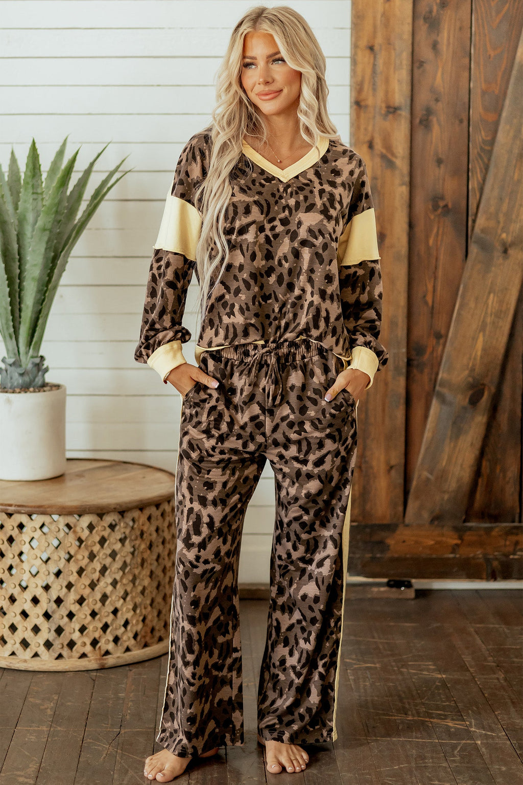 Leopard Colorblock Top & Wide Leg Pants Set