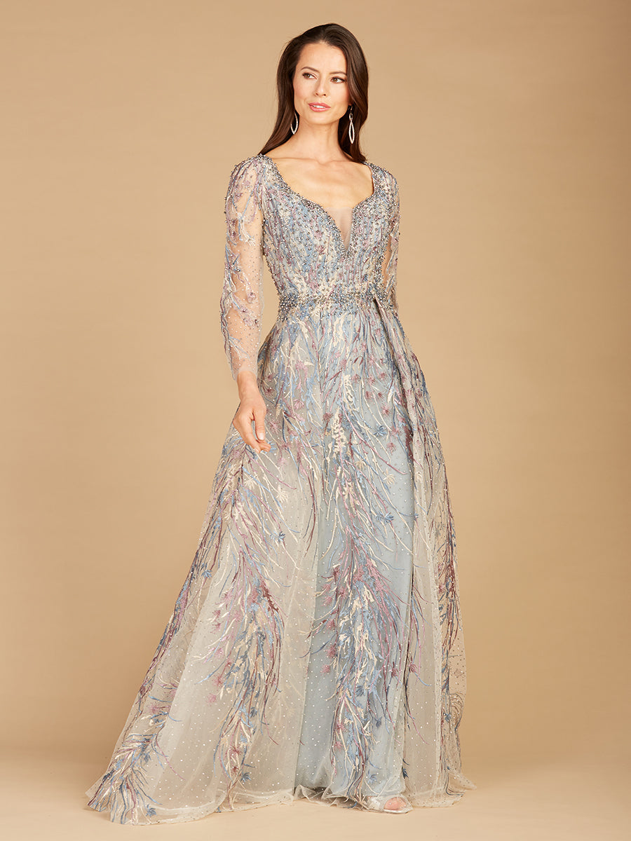 Long Sleeve Lace Gown with Overskirt