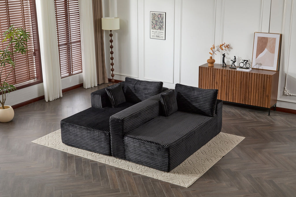 Compression Sectional Couch with Comfy Chaise, Boneless L Shape Sofa with Deep Seat, Minimalist Modular Couches Sleeper for Living Room Bedroom Apartment Lounge,corduroy,Black