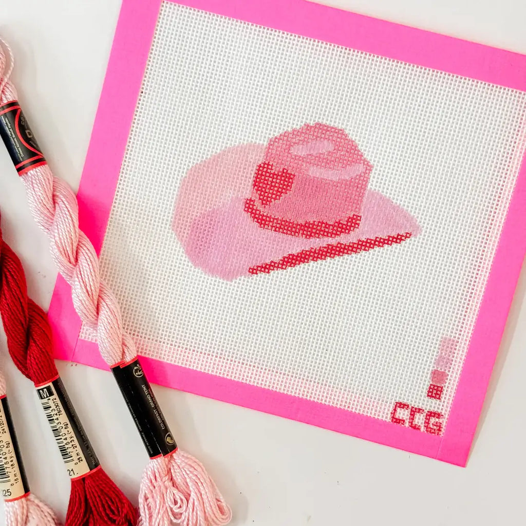 Cotswold Co Designs - Hand-Painted Pink Cowgirl Hat Needlepoint Canvas | 3” Canvas