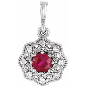 14K White Gold Natural Ruby & .06 CTW Natural Diamond Halo-Style Pendant
