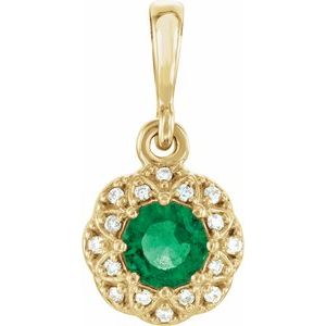 14K Yellow Gold Natural Emerald & .04 CTW Natural Diamond Halo-Style Pendant