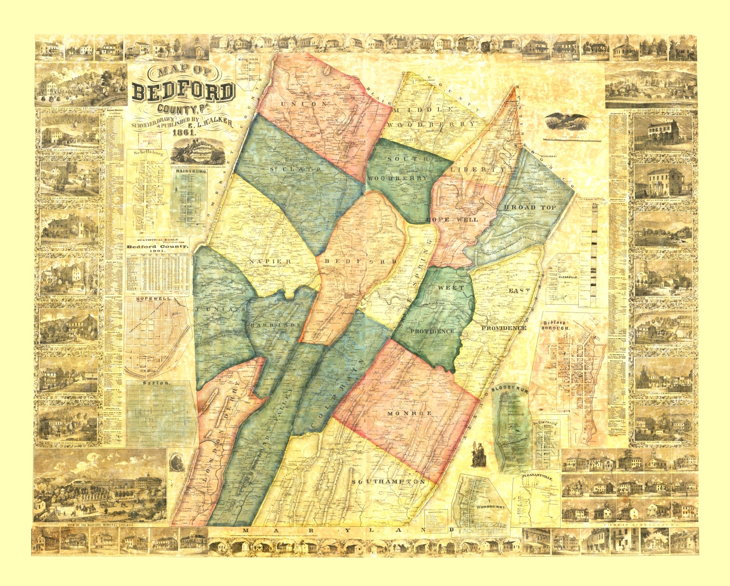 Vintage Map of Bedford County, Pennsylvania 1861