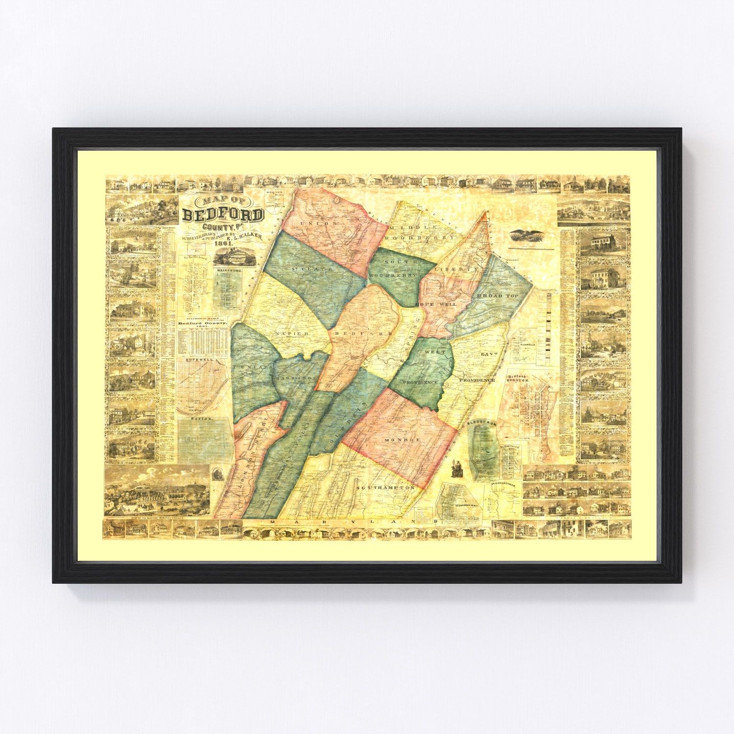 Vintage Map of Bedford County, Pennsylvania 1861