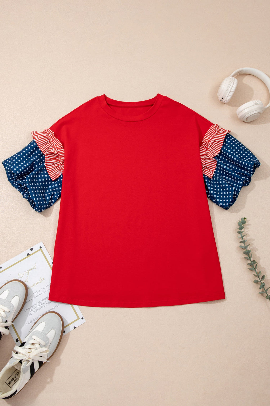 Plus Size Stars & Stripe Patchwork Puff Sleeve Top