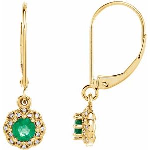 14K Yellow Gold Natural Emerald & .08 CTW Natural Diamond Earrings