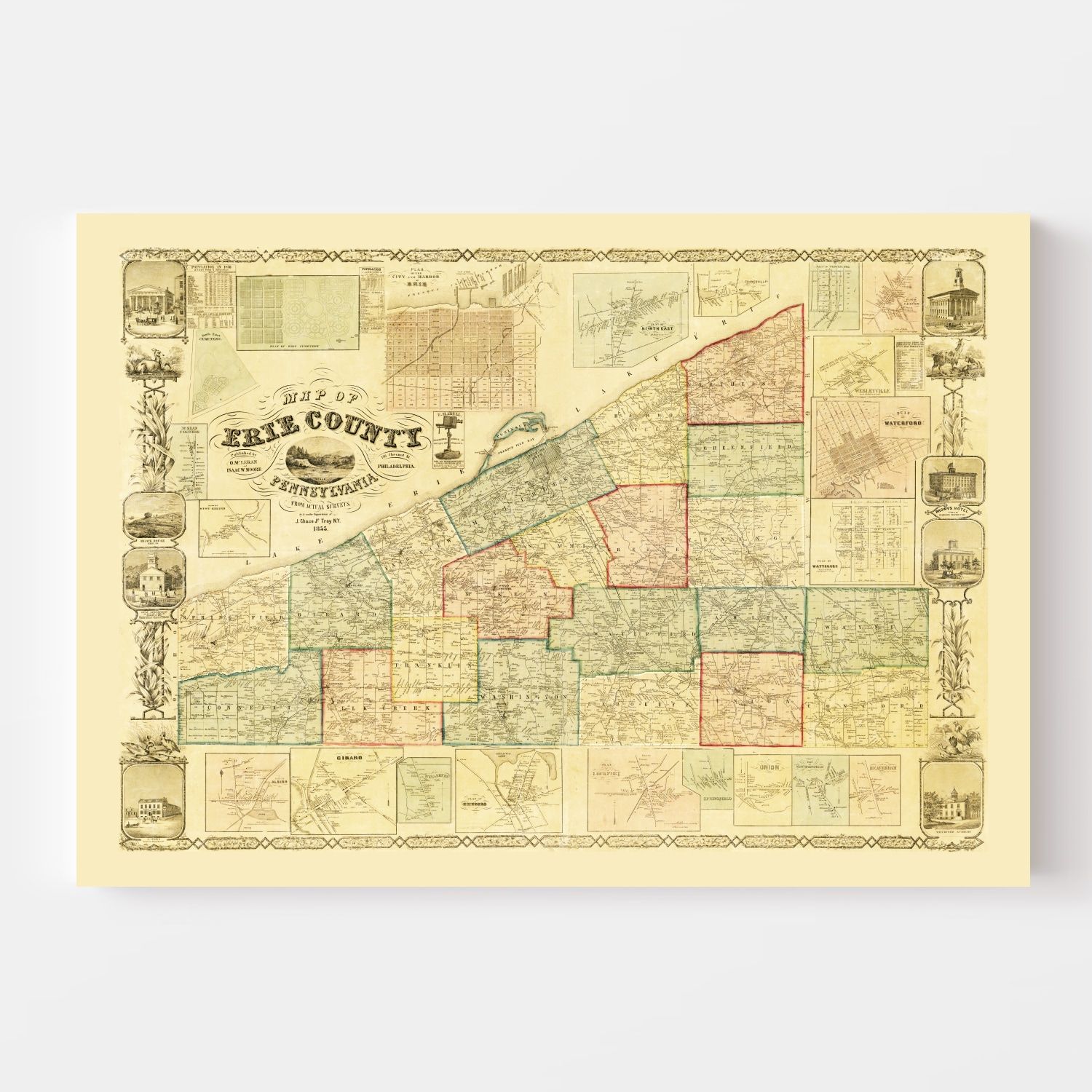 Vintage Map of Erie County, Pennsylvania 1855