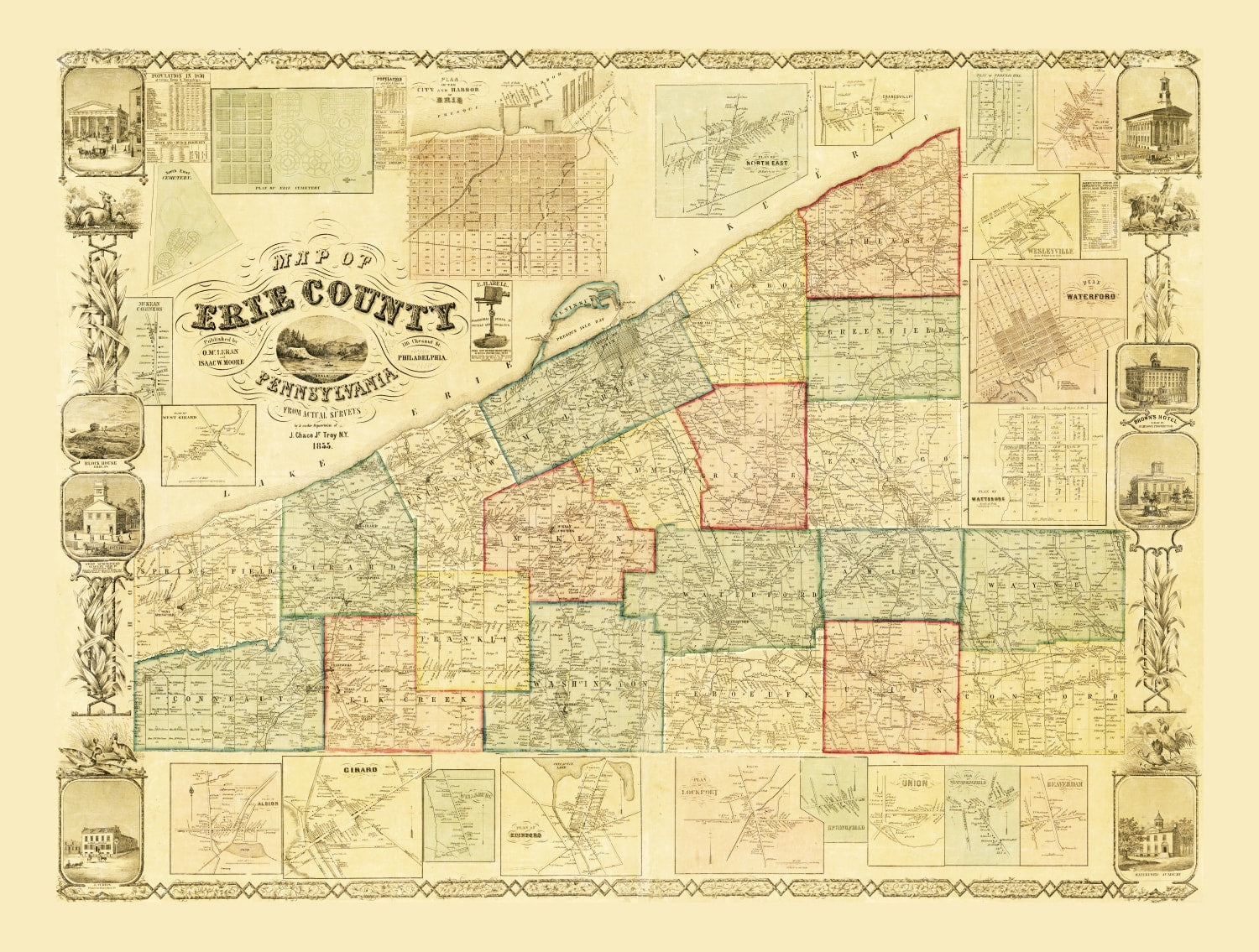 Vintage Map of Erie County, Pennsylvania 1855