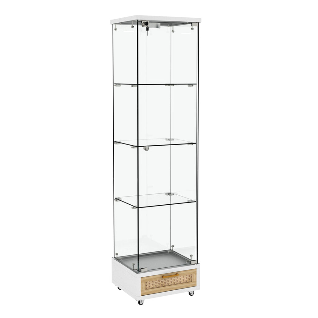 Modern Glass Display Cabinet with Drawer , Quick-assembly Antique Cabinet with LED lights, Tempered Glass Bookshelf,  1-Door Storage Case with 4 Shelves  for Living Room and Bedroom, white and natural
