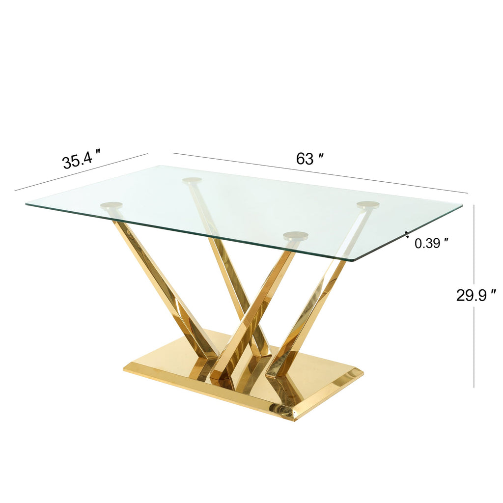 Modern style glass dining table, elegant transparent design, sturdy stainless steel base, White dining chair set, with gold-plated chair legs, suitable for dining room and kitchen (set of 7)
