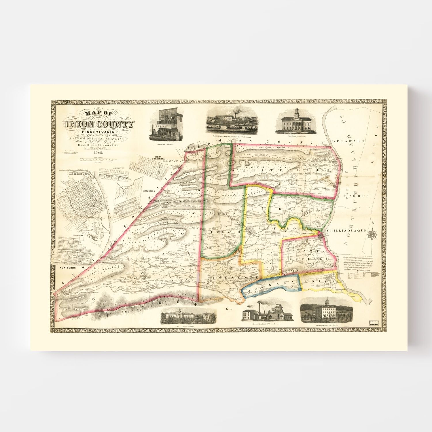 Vintage Map of Union County, Pennsylvania 1856