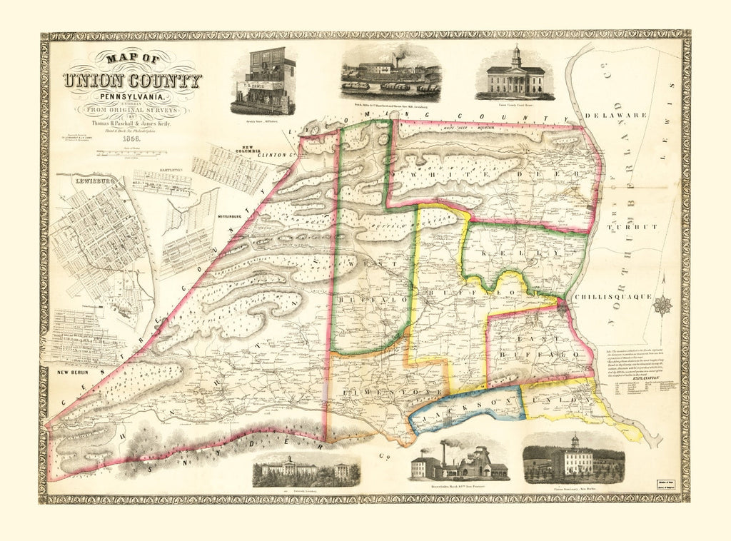 Vintage Map of Union County, Pennsylvania 1856