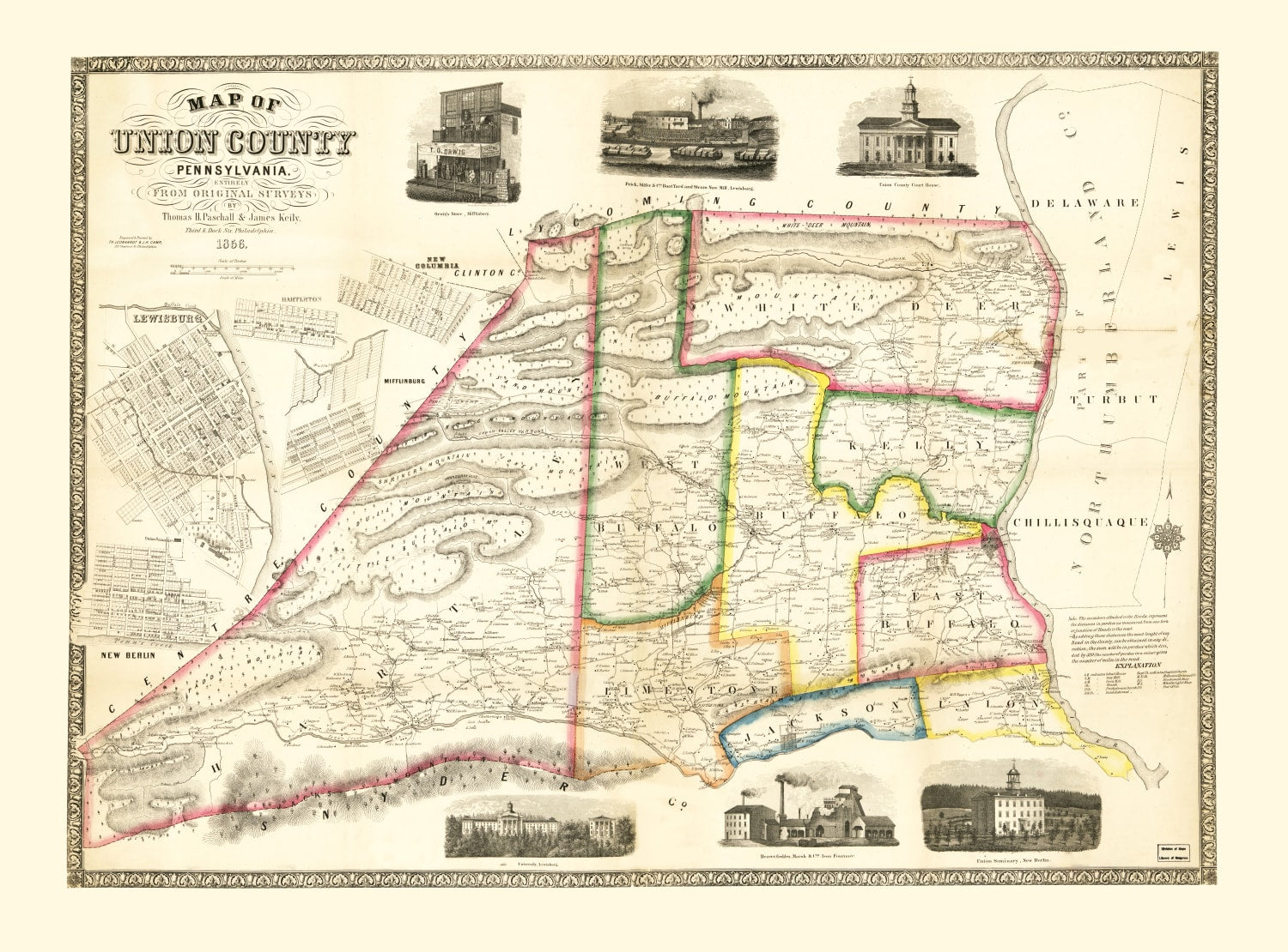 Vintage Map of Union County, Pennsylvania 1856
