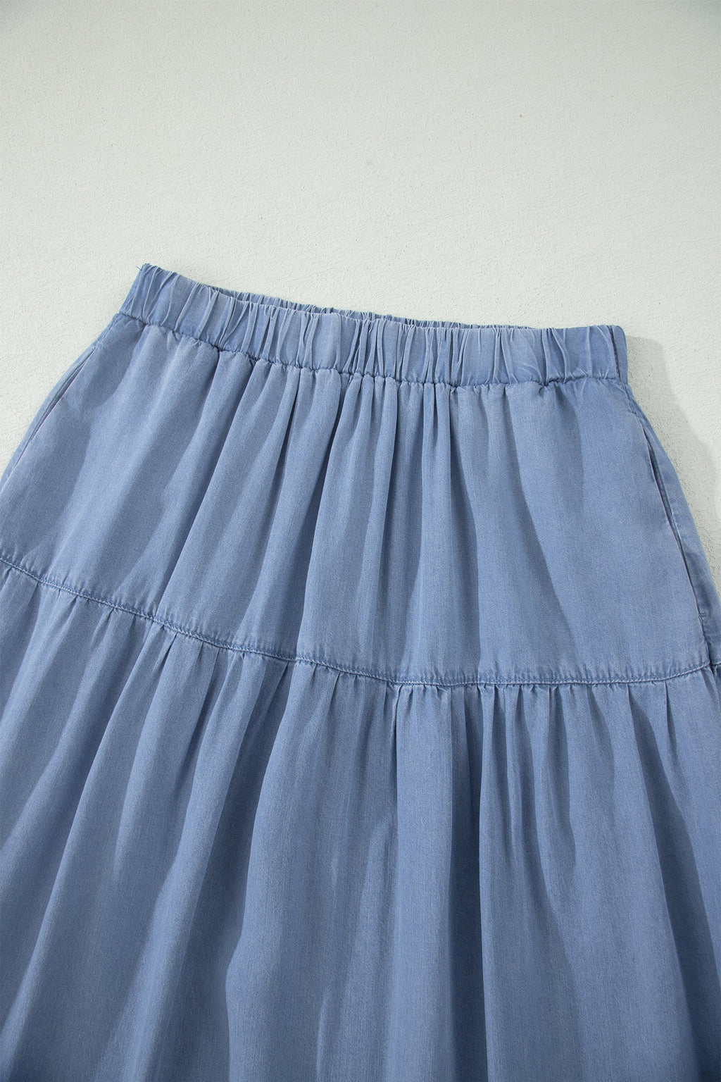 Denim Ruffle Tiered Flared Maxi Skirt