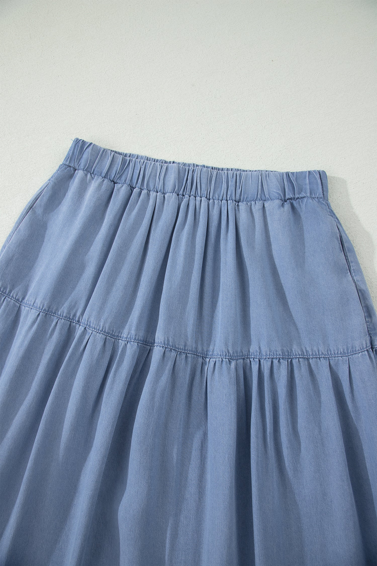 Denim Ruffle Tiered Flared Maxi Skirt