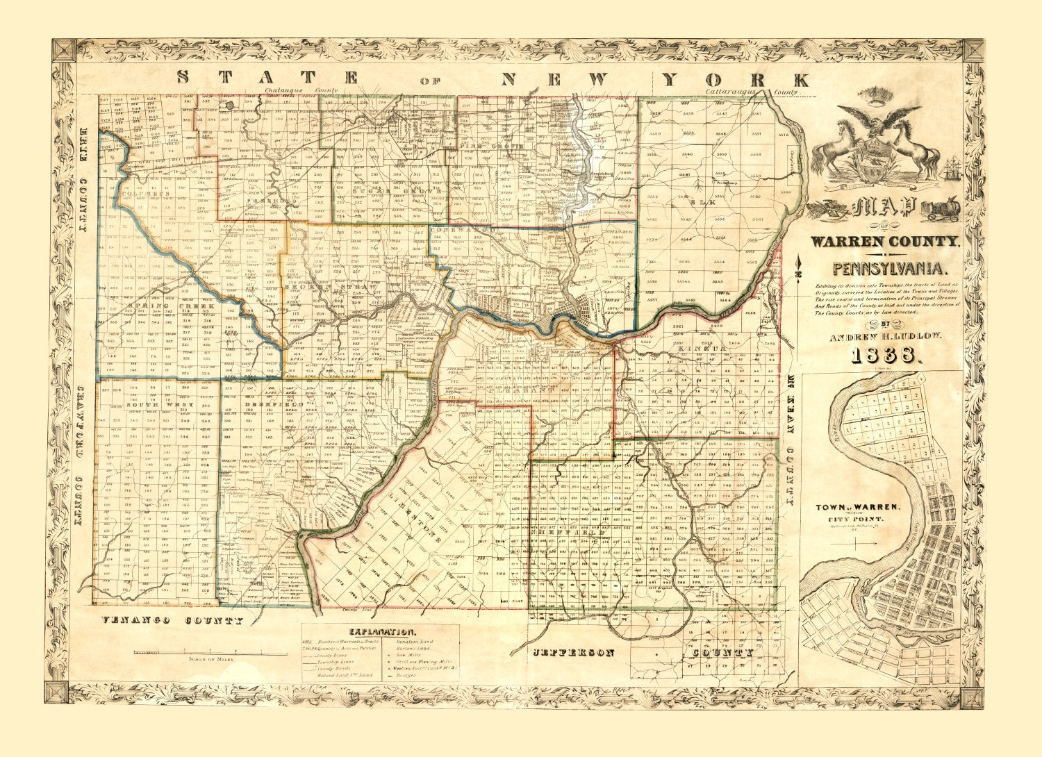 Vintage Map of Warren County, Pennsylvania 1838