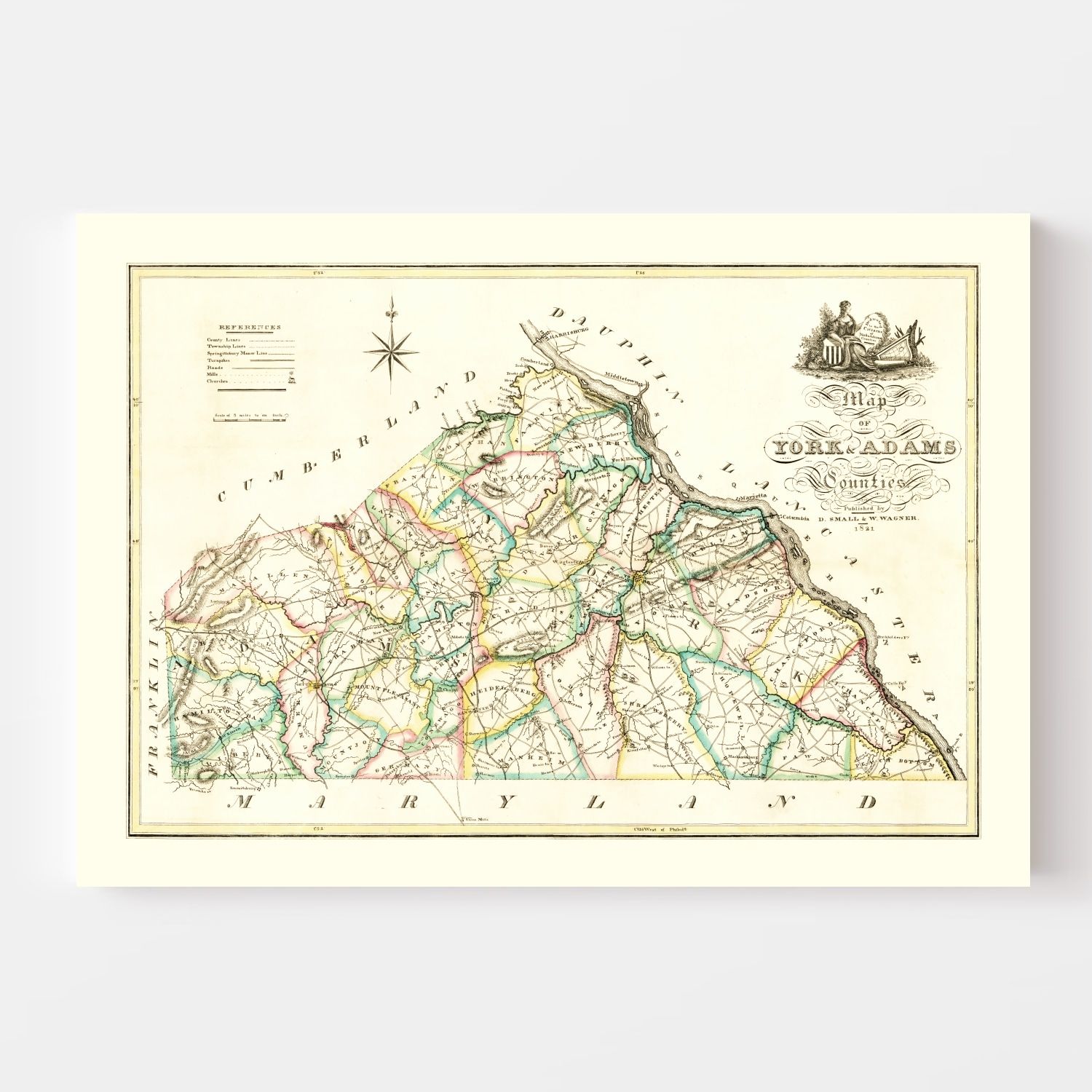 Vintage Map of York County, Pennsylvania 1821