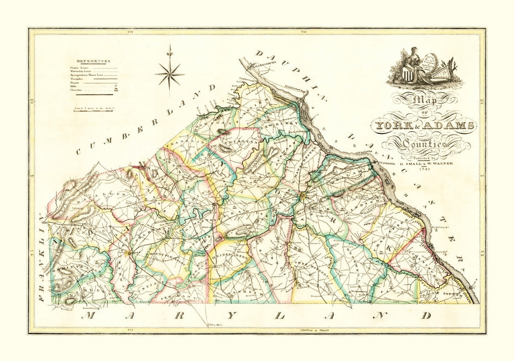 Vintage Map of York County, Pennsylvania 1821