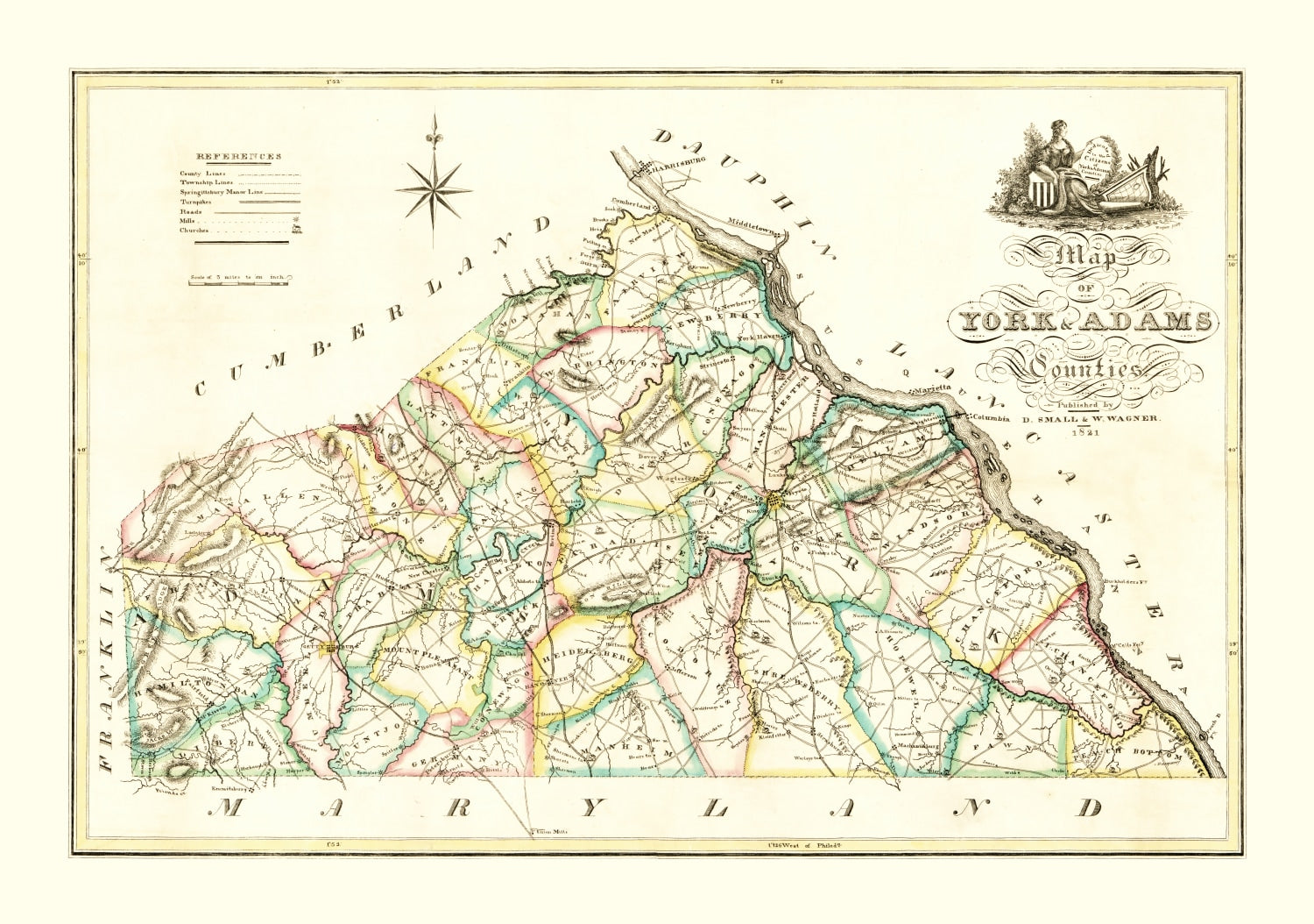 Vintage Map of York County, Pennsylvania 1821