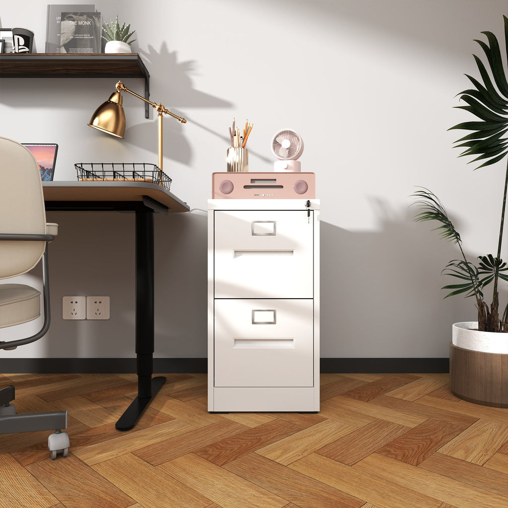 Premium 2 Drawer File Cabinet with Lock, Metal Vertical Design, A4 Legal/Letter Size, White Steel, Compact Dimensions