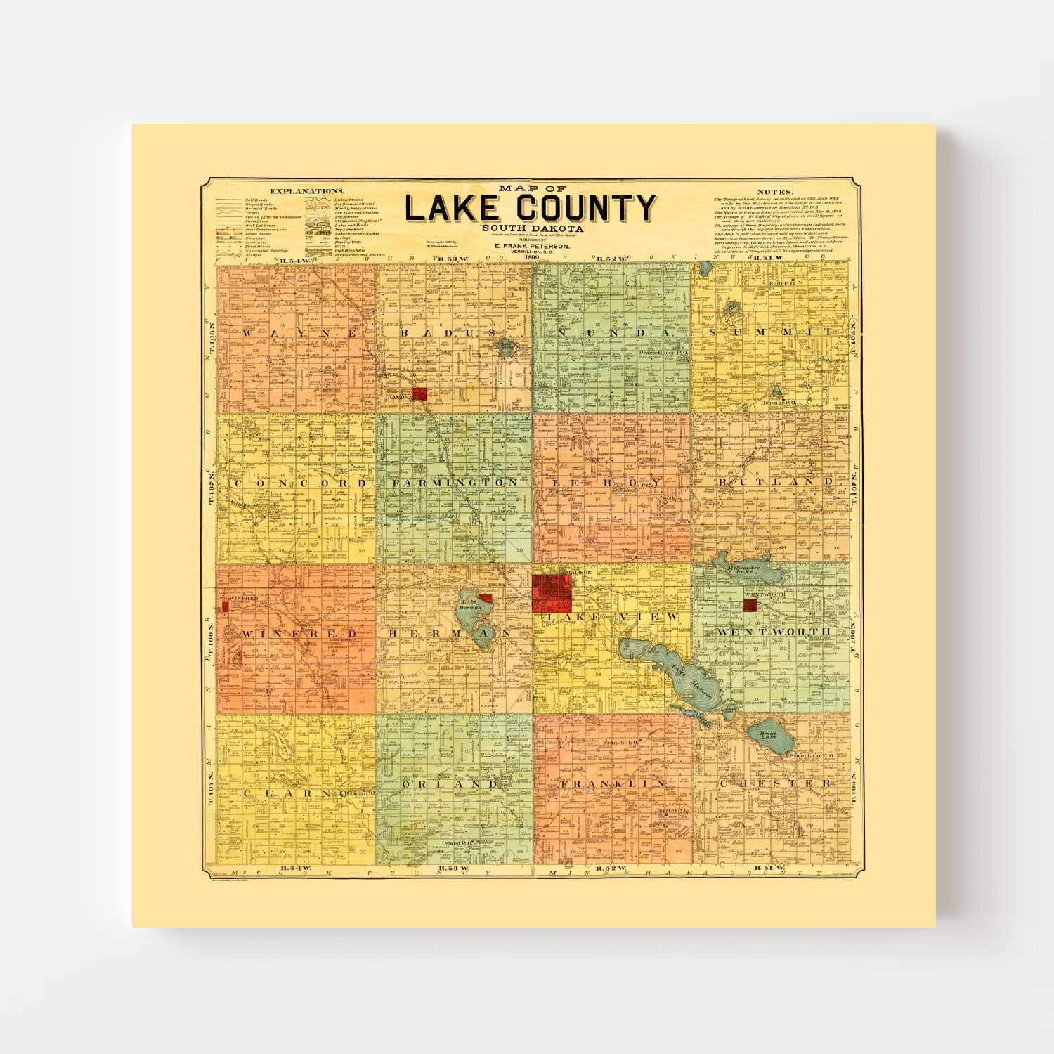Vintage Map of Lake County, South Dakota 1899