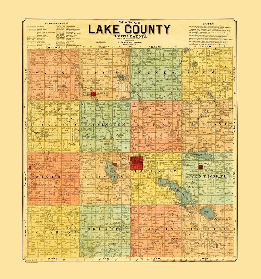 Vintage Map of Lake County, South Dakota 1899