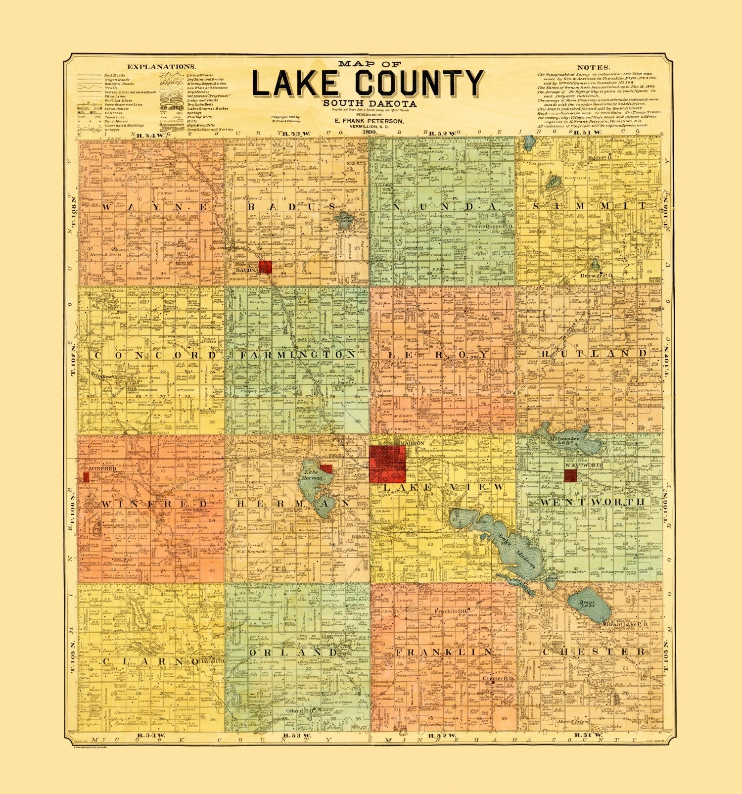 Vintage Map of Lake County, South Dakota 1899