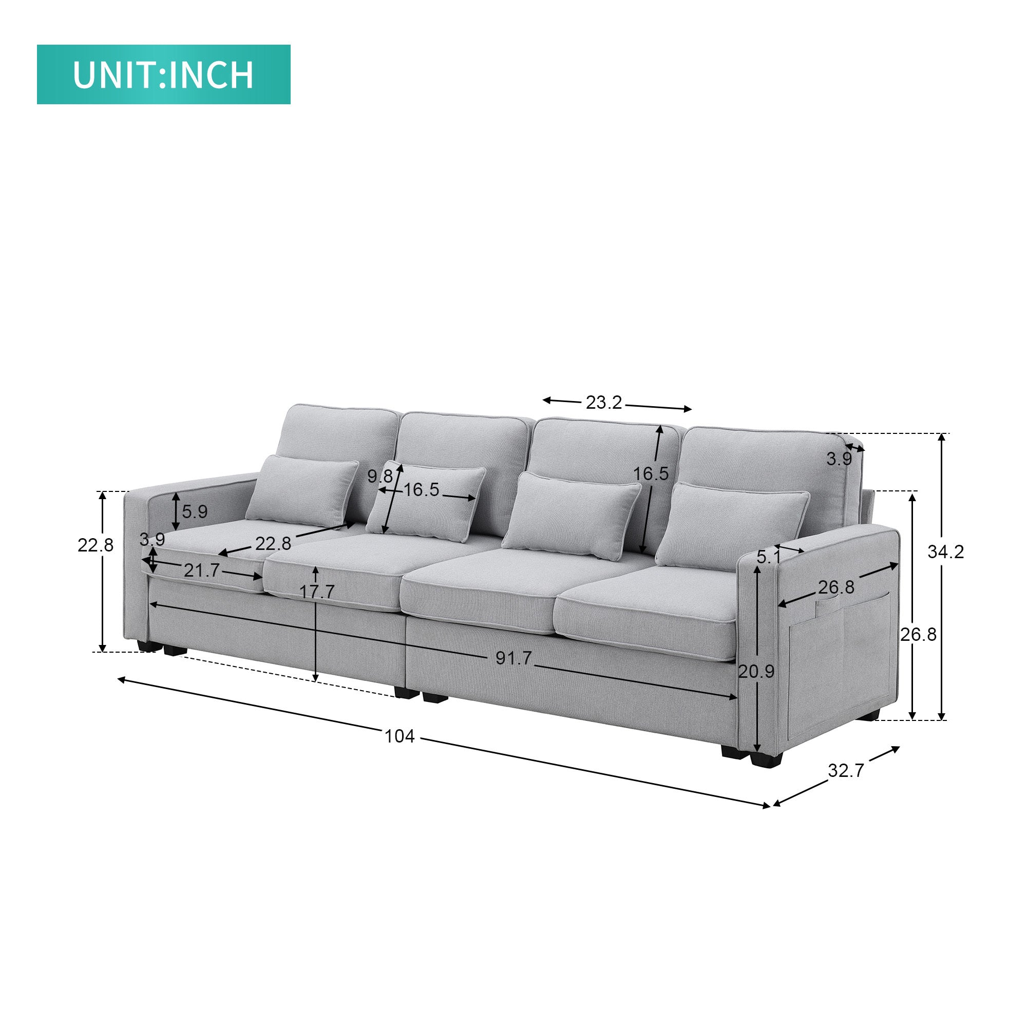 [VIDEO provided] [New] 104' 4-Seater Modern Linen Fabric Sofa with Armrest Pockets and 4 Pillows,Minimalist Style Couch for Living Room, Apartment, Office,3 Colors