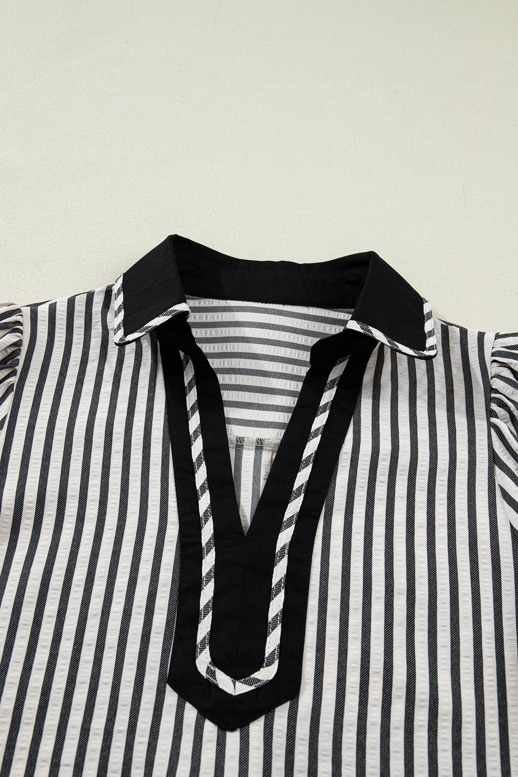 Stripe Collared V-Neck Bubble Sleeve Blouse