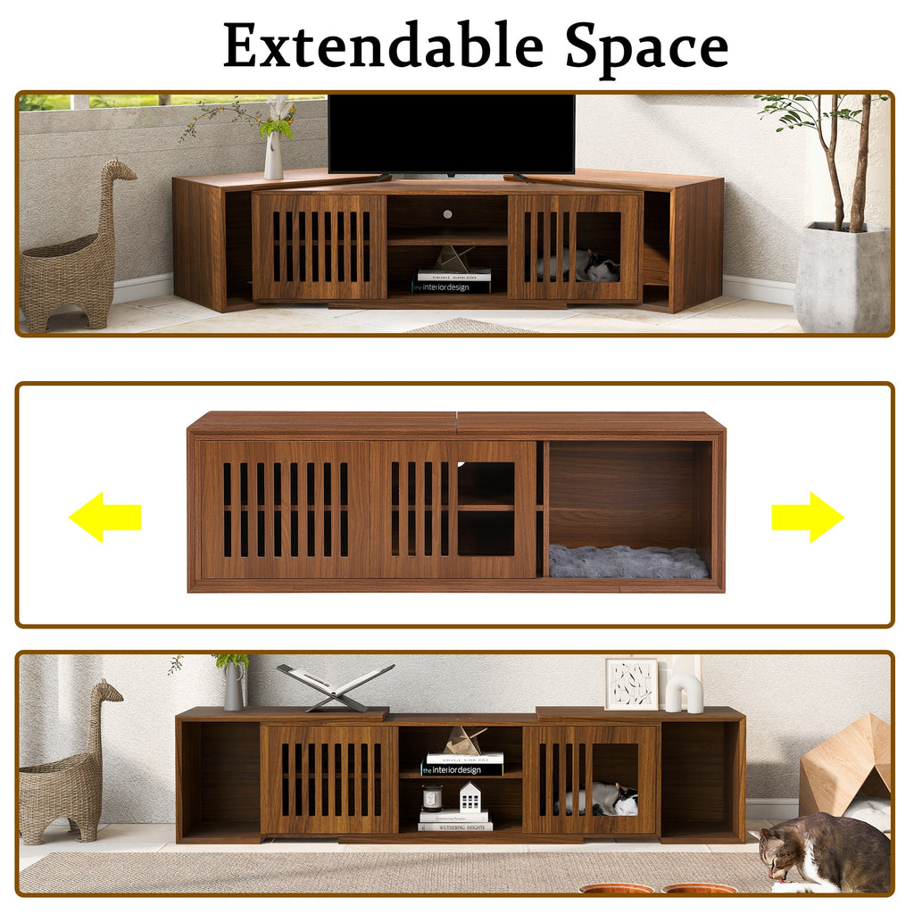 Mid-Century Modern 2 in 1 Cat Furniture, Cat House Litter Box Enclosure Walnut TV Stand With Extendable table, Sliding door. Wood TV Cabinet with Storage