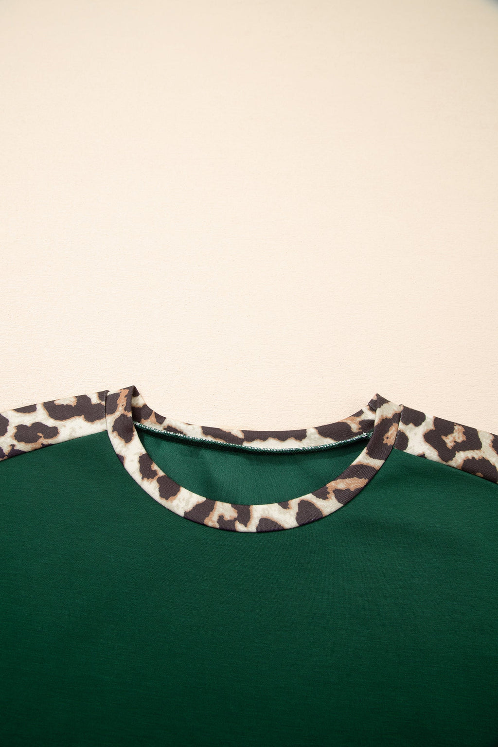 Leopard Colorblock Round Neck Short Sleeve T-Shirt