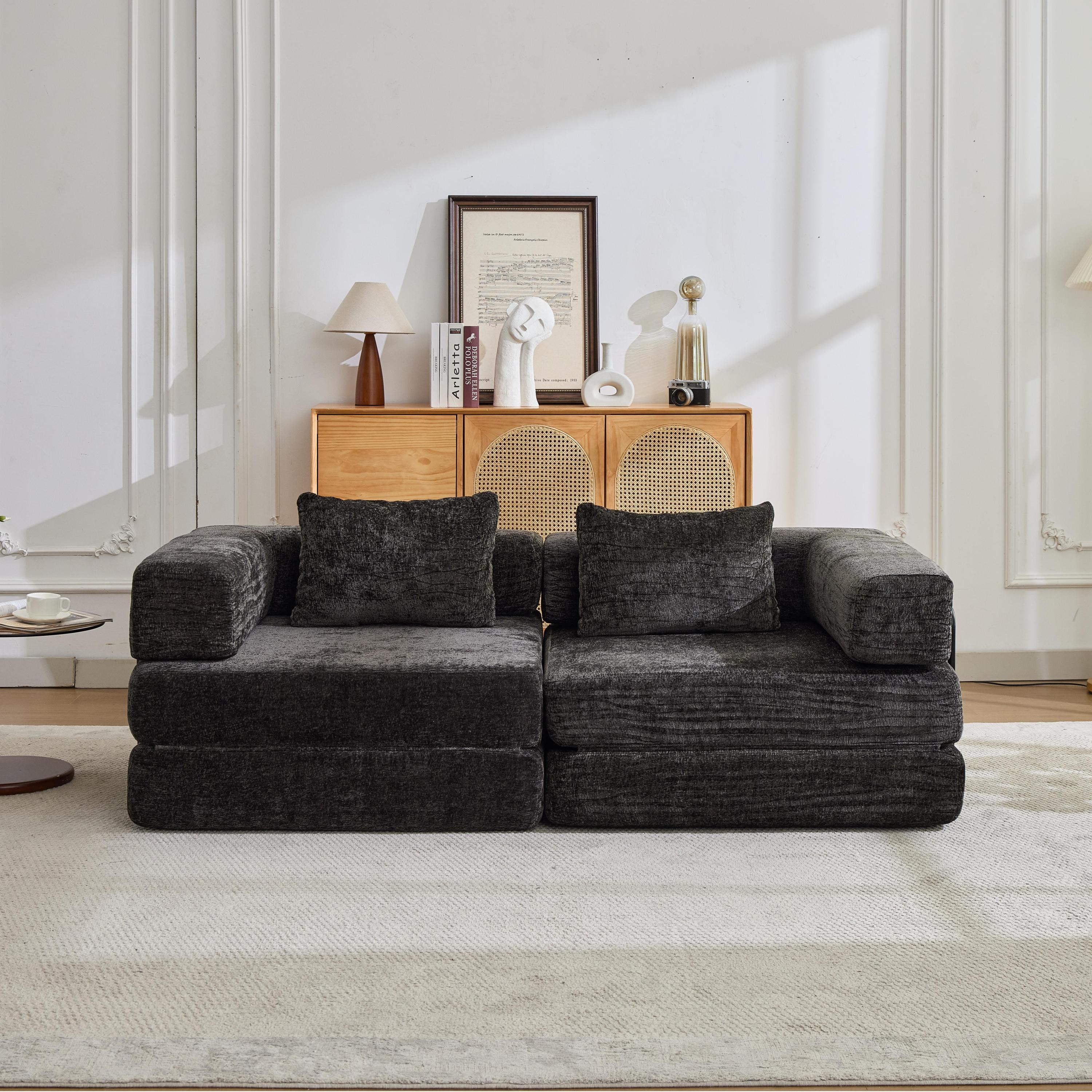 Compression Sofa,Convertible Floor Sofa Bed with Fixed-Shape Frame, Loveseats Boneless Modular Sectional Sofa,No Assembly Required,Chenille fabric,for Living Room Bedroom,Black