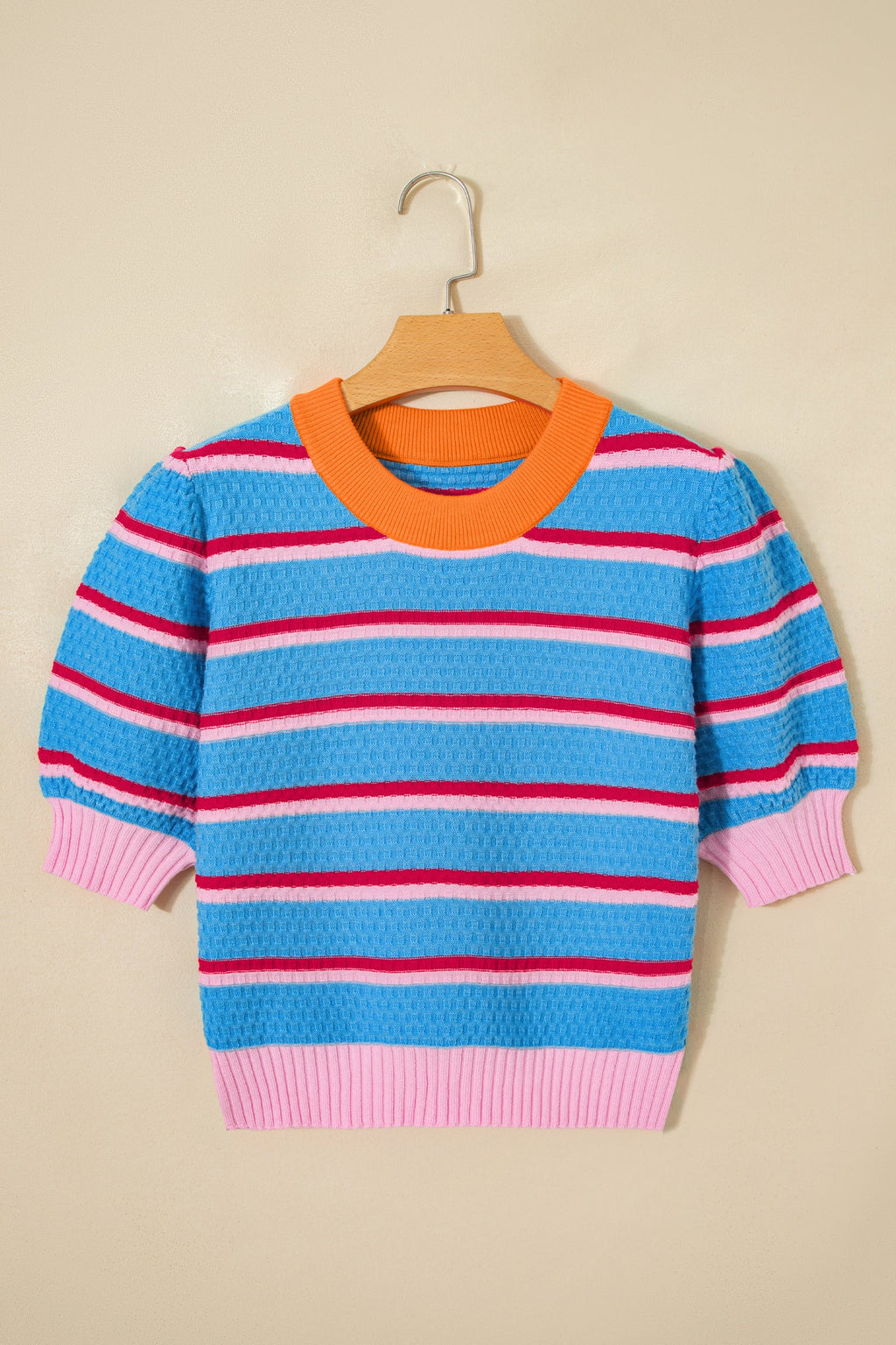Stripe Colorblock Trim 3/4 Sleeve Sweater Top