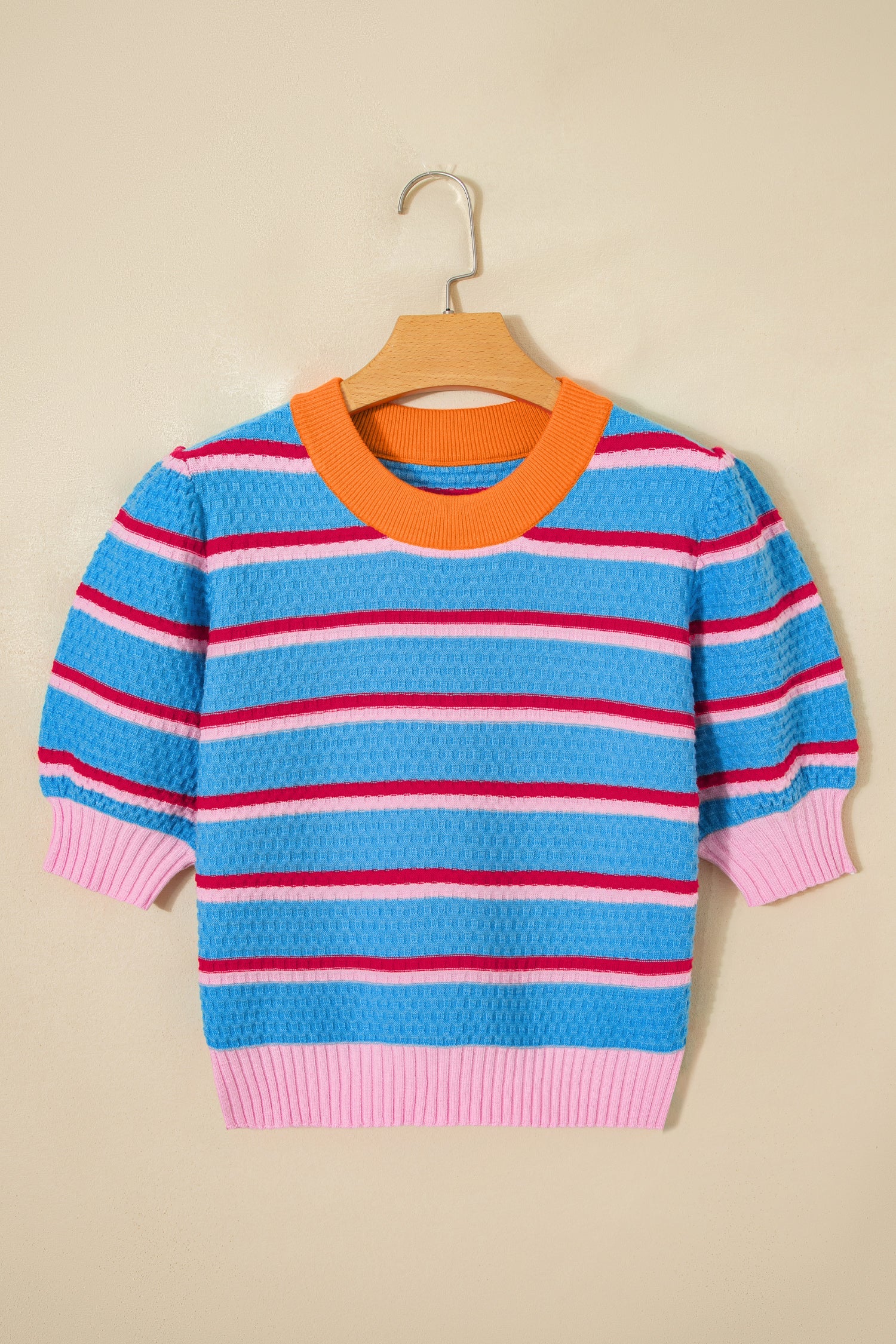 Stripe Colorblock Trim 3/4 Sleeve Sweater Top