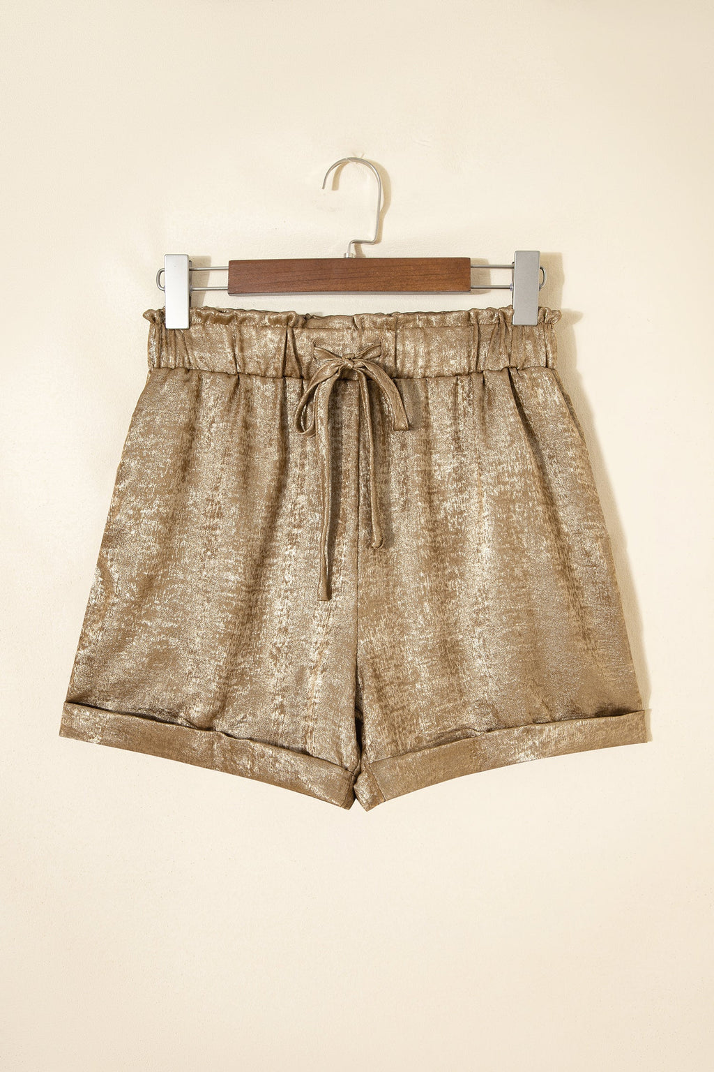 Metallic Tie Elastic Waist Cuffed Hem Shorts