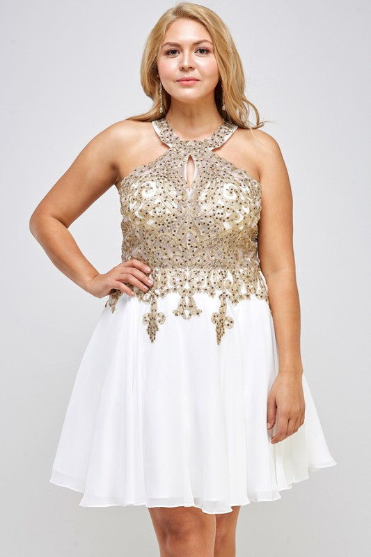 Gold embroidered plus size chiffon dress with built in tulle