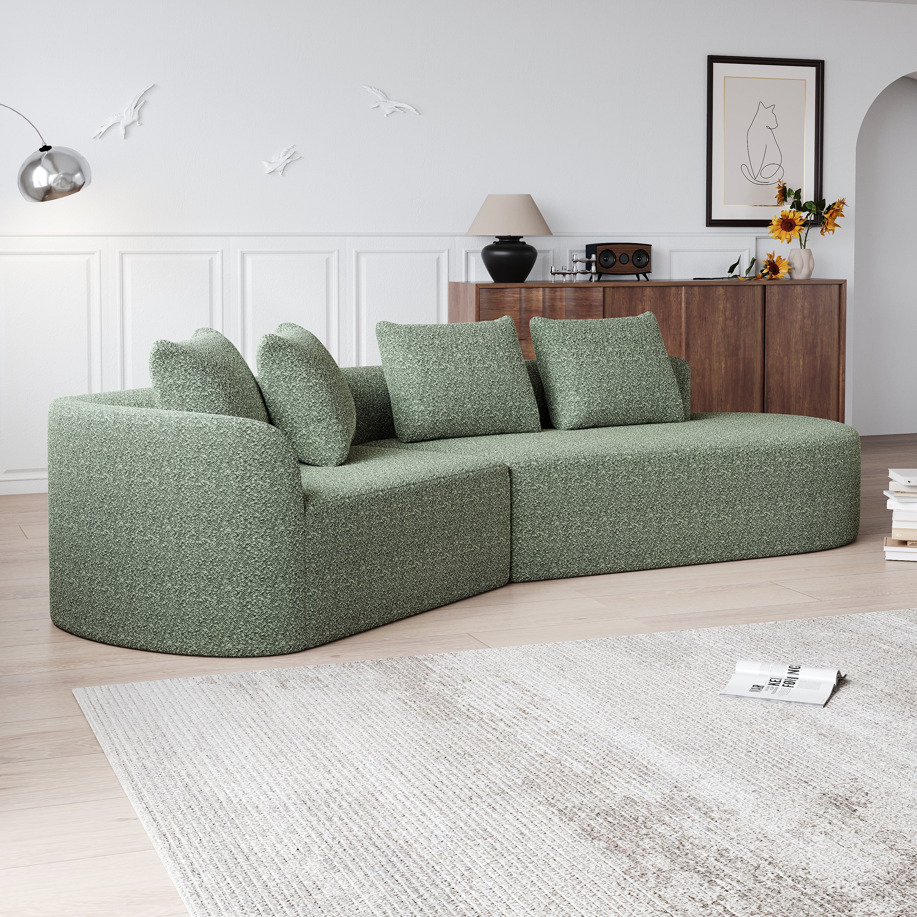 Modern Upholstered Oversized Sectional Sofa, 112-Inch Chenille 4-Seater Extra Deep & Wide Seat Curved Cloud Couch with 4 Throw Pillows, Free Combination Sofa Couch for Living Room,Bedroom