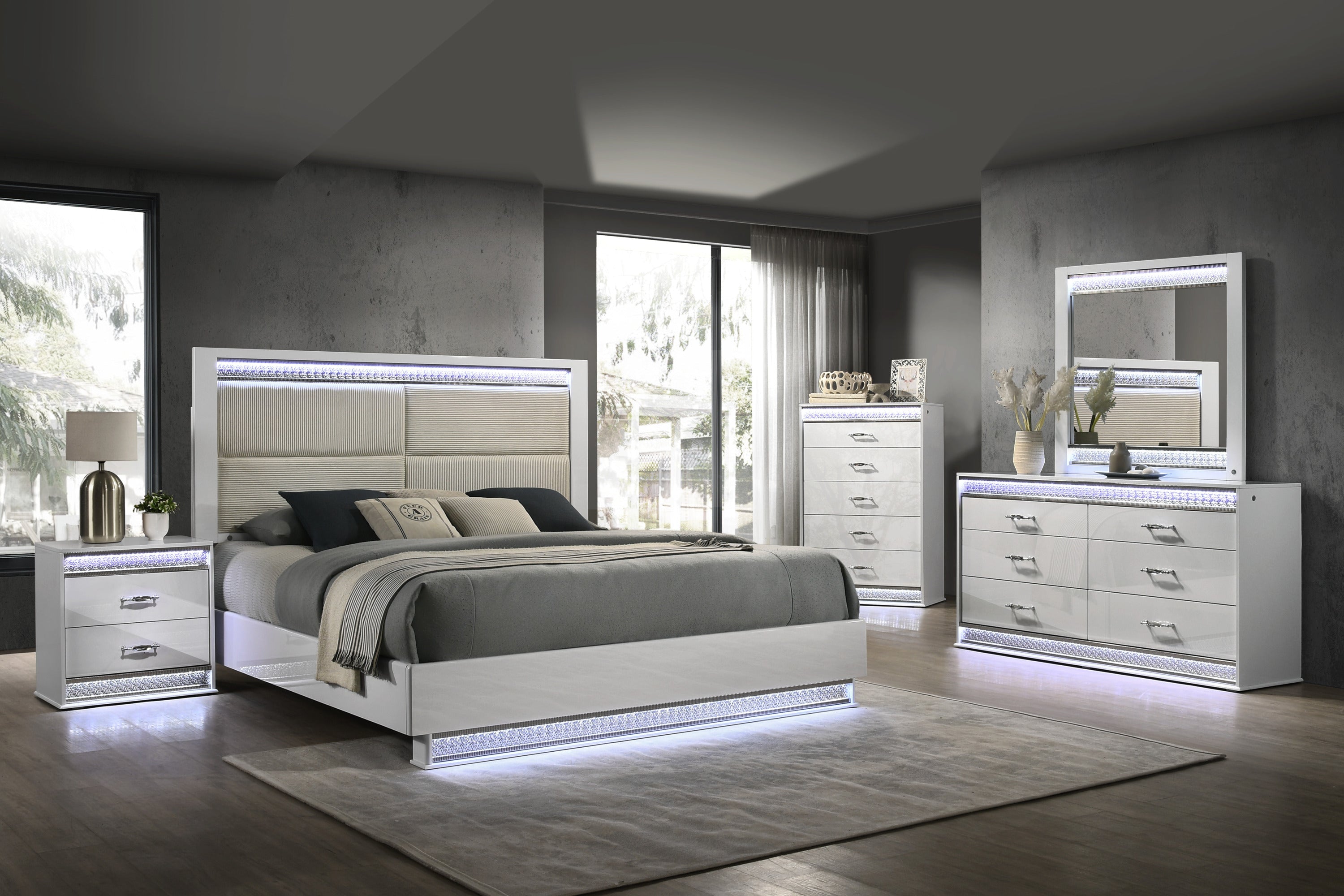 Glam Modern Style 5 Pc Queen Bedroom Set with LED Headboard Made with Wood in White(NJ INVENTORY)