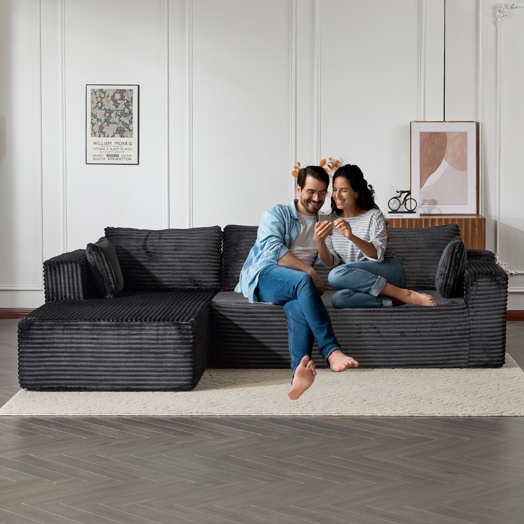 Compression Sectional Couch with Comfy Chaise, Boneless L Shape Sofa with Deep Seat, Minimalist Modular Couches Sleeper for Living Room Bedroom Apartment Lounge,corduroy,Black