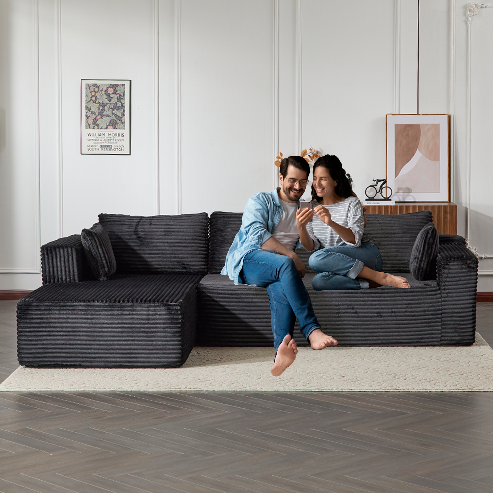 Compression Sectional Couch with Comfy Chaise, Boneless L Shape Sofa with Deep Seat, Minimalist Modular Couches Sleeper for Living Room Bedroom Apartment Lounge,corduroy,Black
