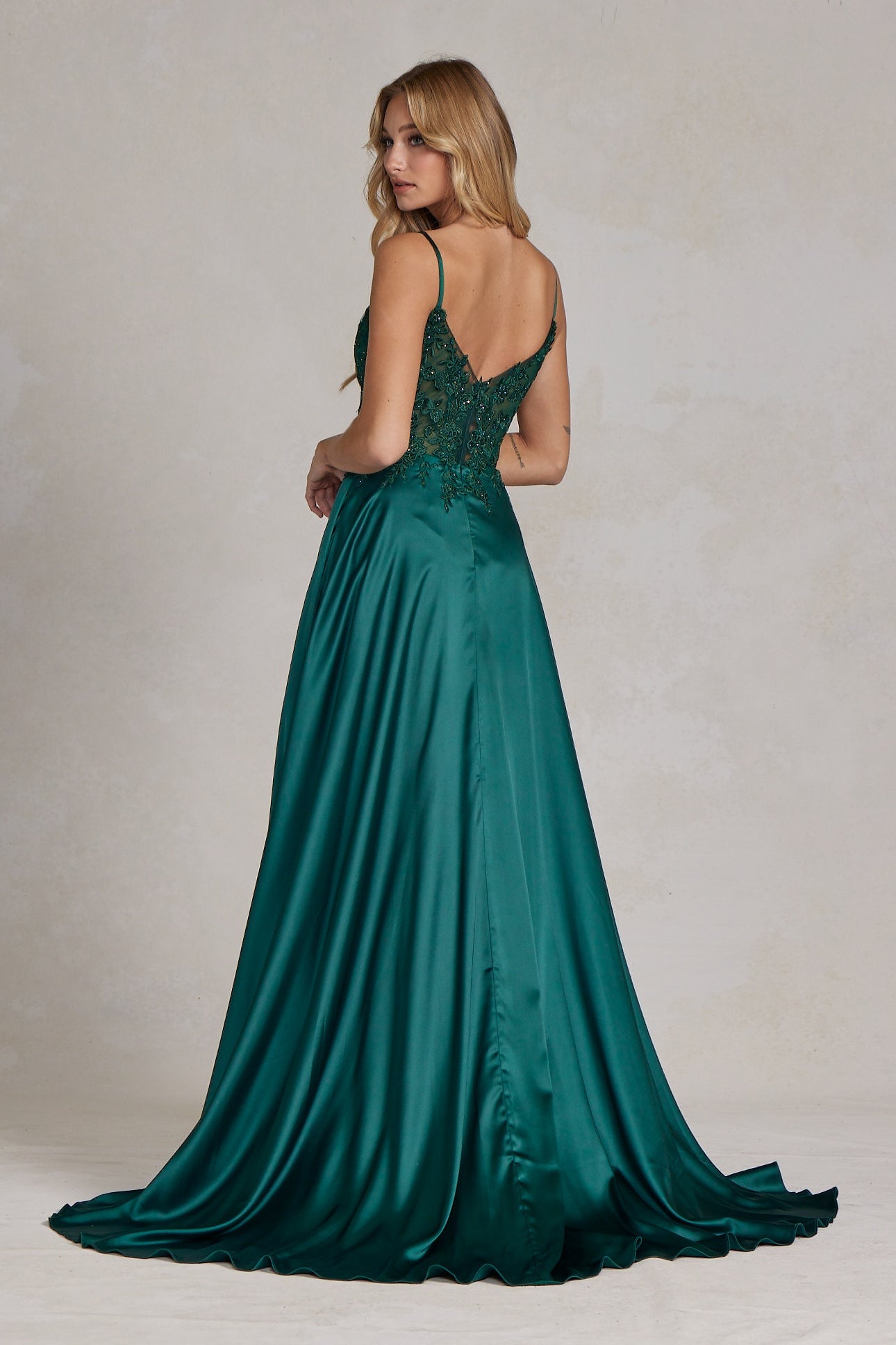 Delicate Lace Embellished A-Line Graduation Satin Gown w/ Side Pockets & Daring Leg Slit NXK1121